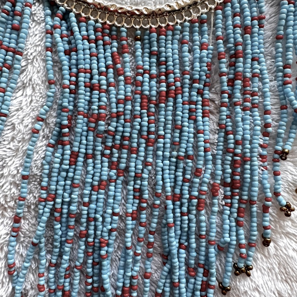 Blue and red mini beaded bib necklace